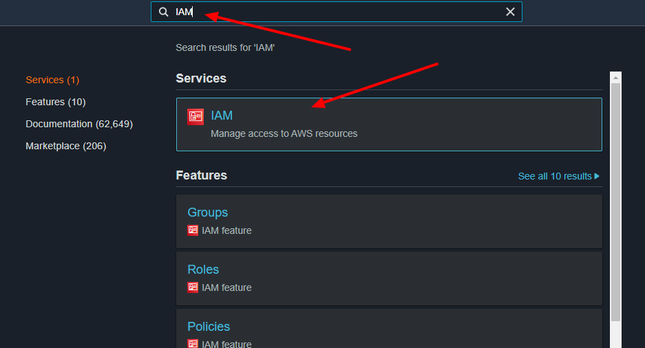 IAM Service search on AWS Console